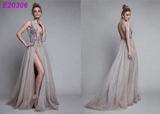 V Neck Beads Sexy Ladies Evening Dresses For Slim Girls A Line Long High Split Tulle