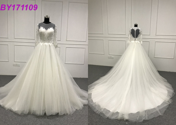 Lace Scoop Simple Ball Gown Wedding Dresses , Appliques Long Sleeve Ball Gowns