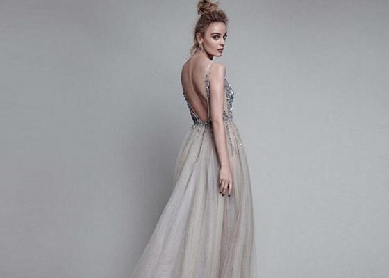 V Neck Beads Sexy Ladies Evening Dresses For Slim Girls A Line Long High Split Tulle