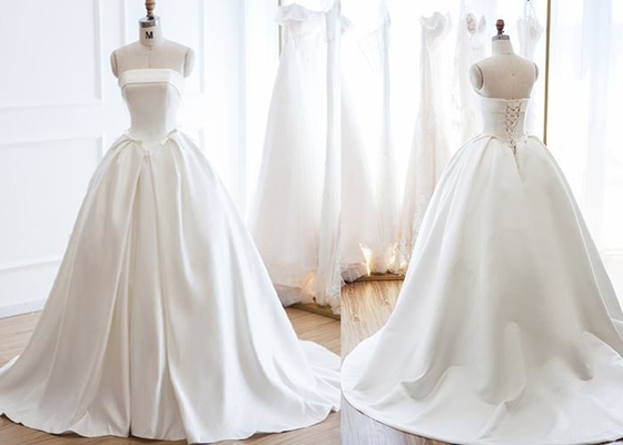 Luxury Girls White Strapless Ball Gown / Beautiful Simple Satin Wedding Dresses