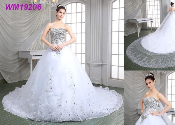 Crystals Beading Luxury Wedding Dresses / Sweep Train Plus Size Lace Wedding Dresses
