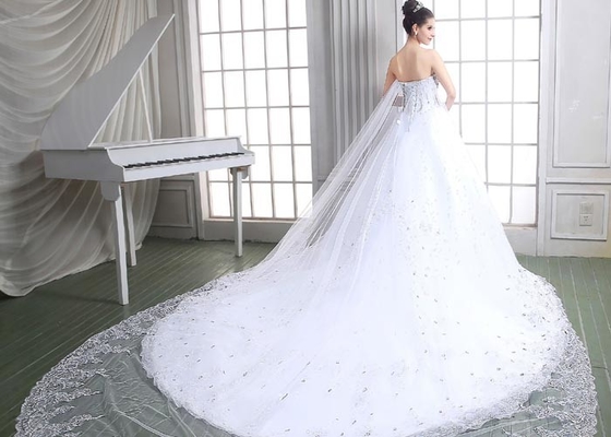 Crystals Beading Luxury Wedding Dresses / Sweep Train Plus Size Lace Wedding Dresses