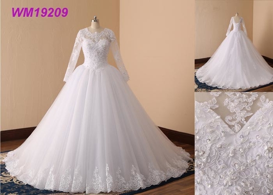 Beaded Simple Long Sleeve Wedding Dresses , Long Boat Neck Lace Wedding Dress