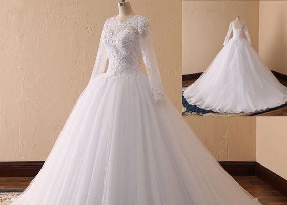 Beaded Simple Long Sleeve Wedding Dresses , Long Boat Neck Lace Wedding Dress