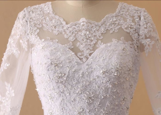 Beaded Simple Long Sleeve Wedding Dresses , Long Boat Neck Lace Wedding Dress
