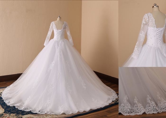 Beaded Simple Long Sleeve Wedding Dresses , Long Boat Neck Lace Wedding Dress