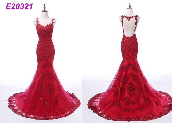 Luxury Ladies Red Lace Formal Dress / Fashion Tulle A Line Evening Gowns High Waist