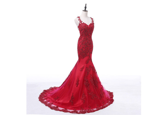 Luxury Ladies Red Lace Formal Dress / Fashion Tulle A Line Evening Gowns High Waist