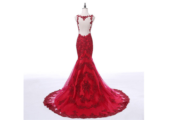 Luxury Ladies Red Lace Formal Dress / Fashion Tulle A Line Evening Gowns High Waist