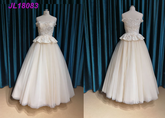 Champange Off The Shoulder Princess Wedding Dress With Tulle Sweep Train Zipper