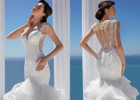 Packet Hip Sheath Sleeveless Lace Fishtail Wedding Dress Beading Ruffled