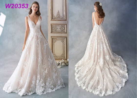 Embroidered Allover Lace Princess Bride Wedding Dress 3D Flower Placement Net / Organza