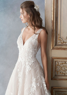 Embroidered Allover Lace Princess Bride Wedding Dress 3D Flower Placement Net / Organza