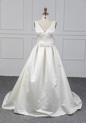 Gorgeous White Long Female Wedding Dress , Zipper Back Satin Wedding Gown