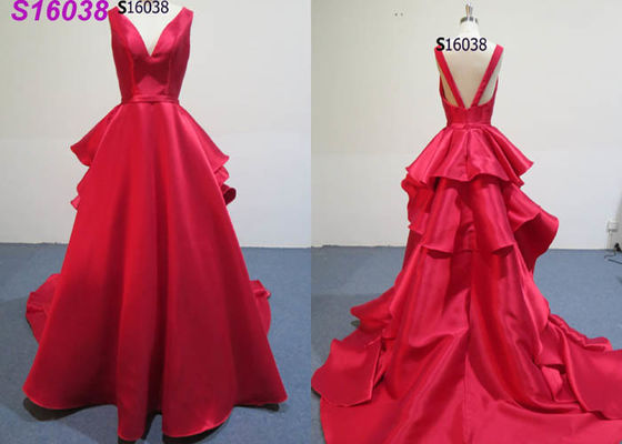 V Neckline Ruffle Back Bright Red Dress Gown For Wedding , Luxury Wedding Dresses