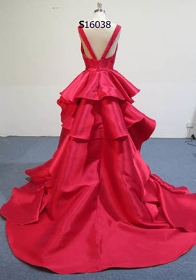 V Neckline Ruffle Back Bright Red Dress Gown For Wedding , Luxury Wedding Dresses