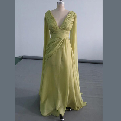 Deep V Sexy Back High Slit Long Style Evening Dresses For Women , Banquet Chiffon Dress