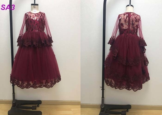 Vestiti dalla ragazza di fiore di vino dei bambini ispirati fiore di rosso con le maniche lunghe bordate