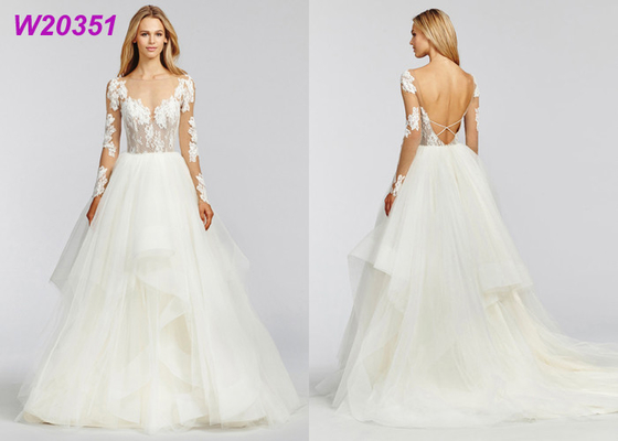 Bianco di vestiti da sposa lungo da applique del pizzo di Tulle degli abiti nuziali della spiaggia delle maniche