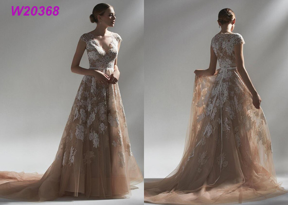 Multi abito lungo colorato degli abiti nuziali di applique del pizzo di Brown degli abiti di nozze della palla