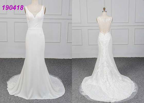 Progettazione senza maniche della guaina di applique di Vestido De Noiva Lace del vestito da sposa da crêpe