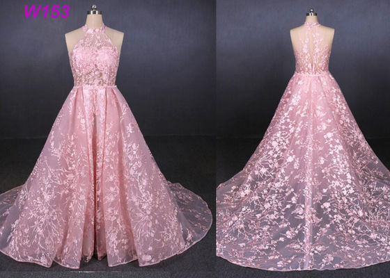 Abito nuziale della capezza dal pizzo della coda smontabile senza maniche con ampia scollatura sulla schiena rosa del vestito da sposa