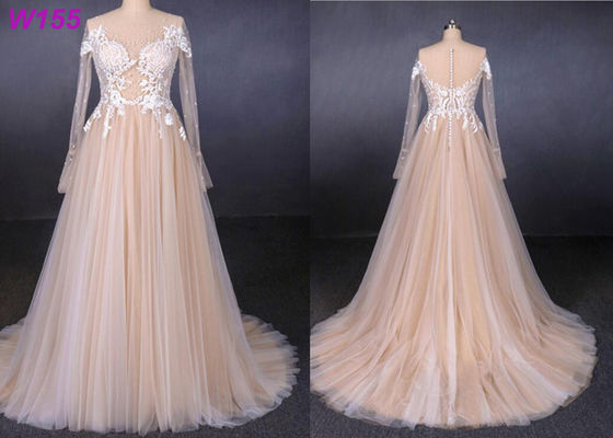 Lungamente veda attraverso a pizzo una linea Tulle vestito da sposa femminile con bordare delle perle