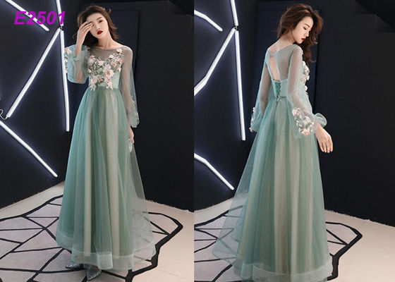 Il blu di rosa di verde dell'abito da sera floreale colora il vestito da sera lungo di Tulle delle maniche di soffio